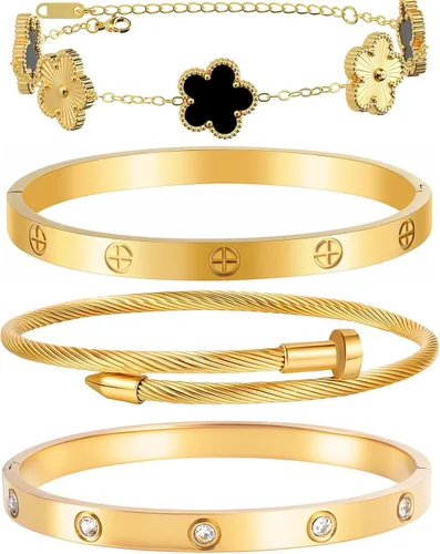 Vista 11 de Pulseras de oro para mujer - 4 piezas/3 piezas, juego de pulseras de tenis de 18K de oro chapado, elegantes pulseras de oro no manchadas de acero