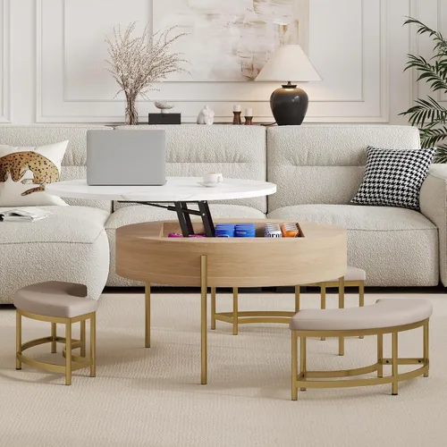Vista 22 de Mesa auxiliar elevable con almacenamiento, moderna mesa central de 42 pulgadas con tres paneles de almacenamiento ocultos y estriados, elevación