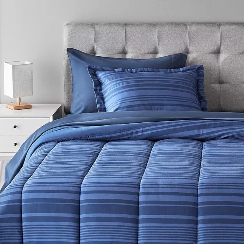 Vista 8 de Amazon Basics - Juego de edredón Twin/Twin XL con sábanas, juego de ropa de cama de 5 piezas, microfibra ligera azul Calvin a rayas, en una bolsa