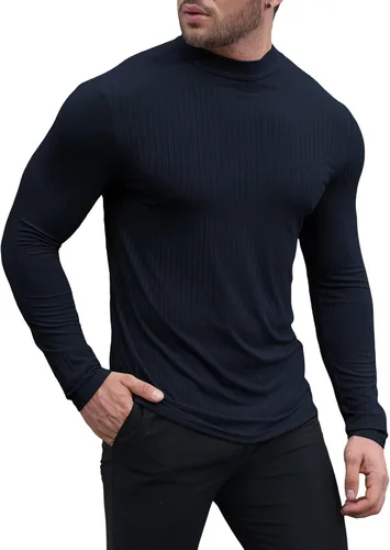 Vista 3 de Uni Clau Camisas de manga larga con cuello alto falso para hombre, camiseta térmica de punto acanalado casual