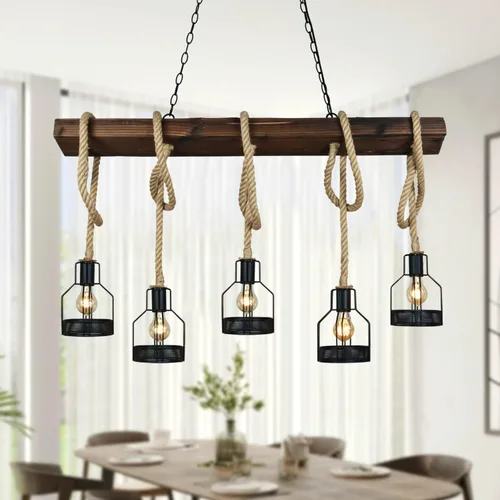 Vista 2 de Luces colgantes de granja para isla de cocina, accesorios de iluminación de cocina, lámpara rústica para comedor con 5 enchufes de bombilla E26