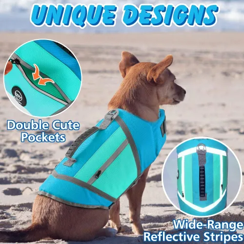 Vista 3 de EMUST Chaleco salvavidas para perro, chaqueta ligera con bolsillos, elegante preservador con asa de rescate y rayas reflectantes para nadar