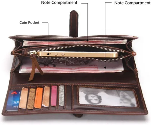Vista 9 de Cartera larga de cuero plegable estilo vintage para hombres, Marrón