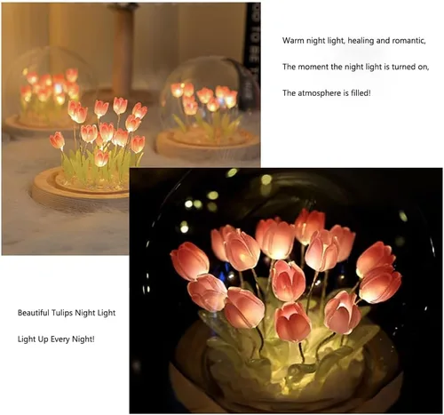 Vista 5 de Luz nocturna de tulipanes de bola de cristal, lámpara de noche de flores de bola de vidrio con base de madera, regalos de tulipanes para mujeres