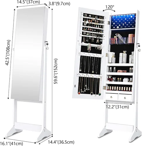 Vista 4 de LVSOMT 8 LED Organizador de joyas con espejo de cuerpo completo, armario de almacenamiento montado en la paredpuerta joyero con cerradura con 2