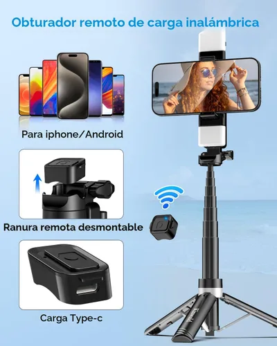 Vista 6 de Trípode para teléfono 3 en 1 con luces LED y control remoto, soporte de trípode extensible para selfie, portátil compacto con control remoto