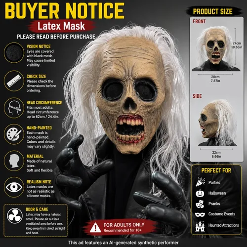 Vista 2 de Máscara aterradora de Halloween para adultos, esqueleto de calavera y cara