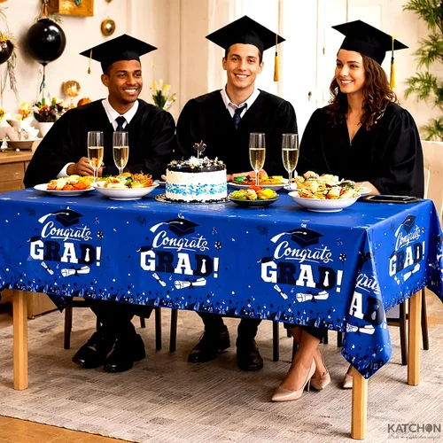 Vista 4 de Graduation Tablecloth, Graduation Decorations 2026, Pack of 3, 54 x 108 Inches, Plastic Graduation Table Decorations 2026, Disposable Rectangle Blue