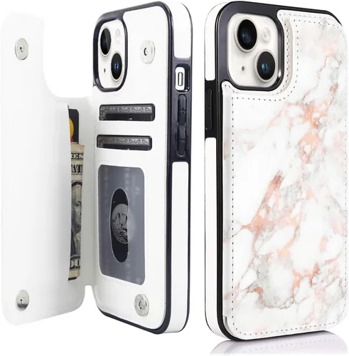 Vista 47 de uCOLOR - Funda tipo cartera para iPhone 15 con tarjetero y diseño de lunares con leche de almendra Bloqueo RFID de piel sintética para mujeres