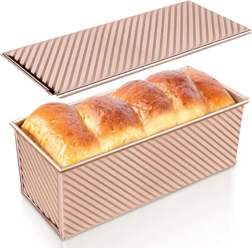 Vista 17 de Paquete de 2 moldes para pan con tapas – Capacidad de masa de 2.2 libras y 1 libra, moldes para pan de acero al carbono antiadherentes para pan
