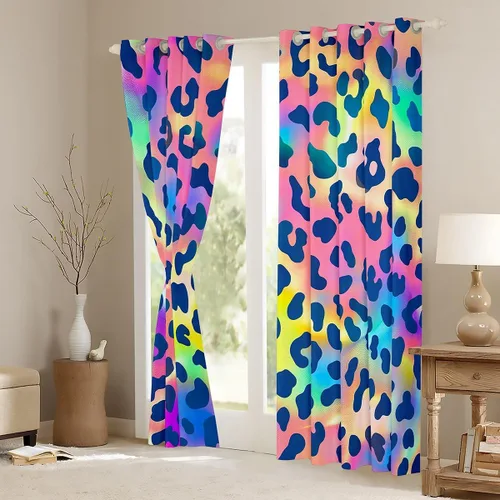 Vista 3 de Feelyou Cortinas de ventana de leopardo para decoración de dormitorio, cortina de guepardo africano, diseño de leopardo arcoíris, cortinas de Multi