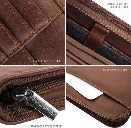 Vista 5 de Wundermax Cartera de piel sintética vegana con cremallera, organizador de cuaderno de negocios para currículum - Padfolio para hombres y mujeres