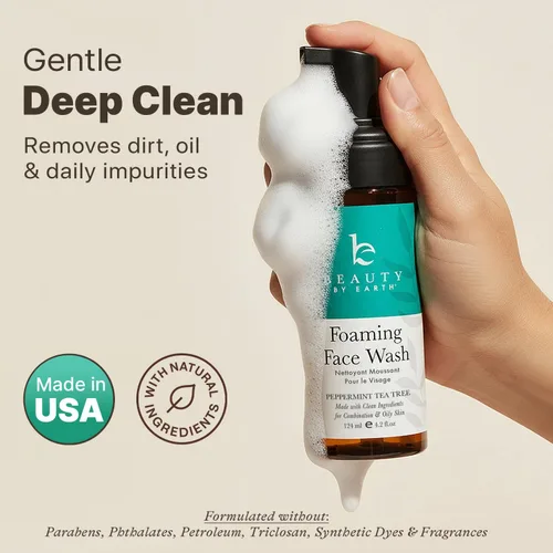 Vista 3 de Beauty by Earth Limpiador facial espumoso, ingredientes naturales y orgánicos, lavado facial vegano, limpiador diario suave para pieles sensibles