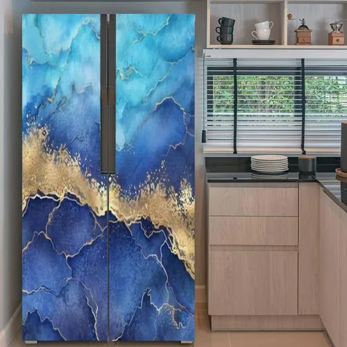 Vista 2 de Juego de envolturas de vinilo autoadhesivo para refrigerador, diseño abstracto de mármol azul con venas doradas, mural artificial para puerta