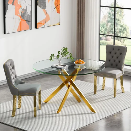 Vista 60 de Juego de mesa de comedor de cristal plateado moderno de 47 pulgadas para 2, juego de mesa de comedor de cocina redonda de 3 piezas con patas
