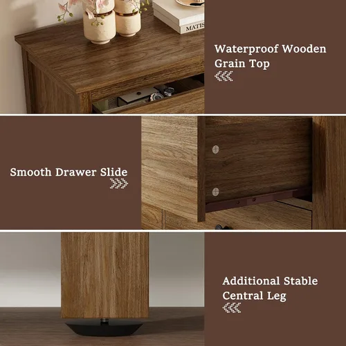 Vista 4 de Cómoda de roble para dormitorio, cómoda moderna de 7 cajones de 47 pulgadas con asas negras Cómoda de almacenamiento de madera de estilo natural