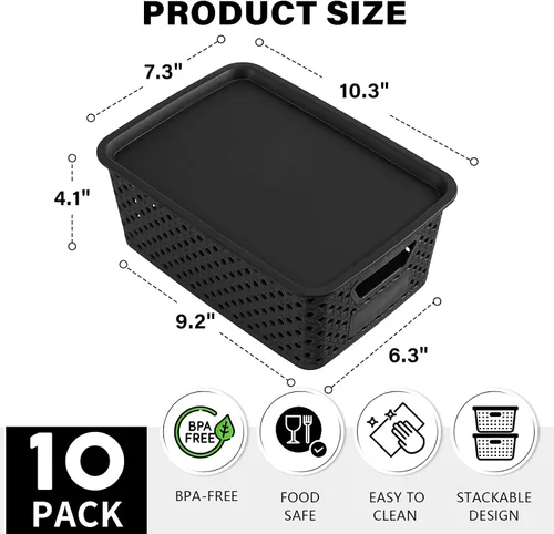 Vista 2 de Paquete de 10 cubos pequeños de plástico con tapas, cestas de almacenamiento de plástico apilables para organizar con asas, contenedores