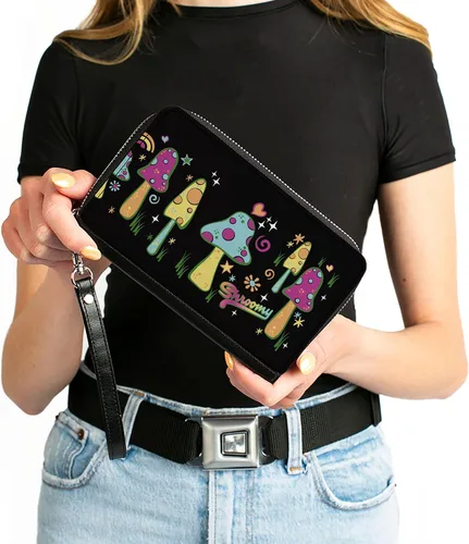Vista 4 de Buckle-Down Billetera, Cremallera Alrededor, Seta Shspacious Vibrant Garden Negro Multicolor, Cuero Vegano, MUSHROOMS