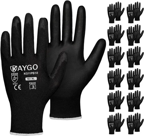 Vista 59 de KAYGO KG11PB - Guantes de trabajo de seguridad con revestimiento de poliuretano, 12 pares de guantes de punto sin costuras para hombres y mujeres