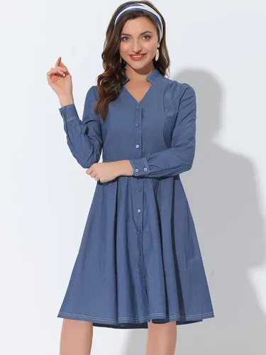 Vista 3 de Allegra K Vestido de cambray de manga larga plisado con cuello en V para mujer, M