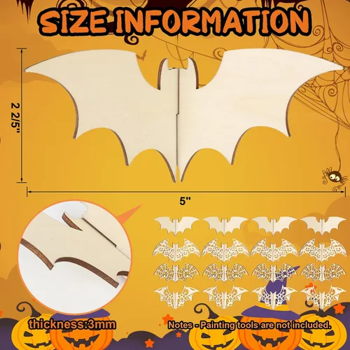 Vista 2 de COCHIE Bricolaje 3D de murciélagos de Halloween para pintar, rebanadas de madera sin terminar pintables para manualidades, recortes de murciélagos