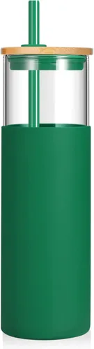 Vista 35 de Tronco Vaso de vidrio de 28 onzas con tapas y pajilla, taza reutilizable para café helado y vaso para batidos con tapa de bambú, funda de silicona