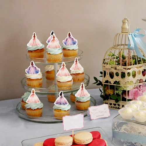 Vista 4 de 40 piezas de vestidos de princesa comestibles para cupcakes, color rosa y morado, vestido de noche para despedidas de soltera, bodas, princesas