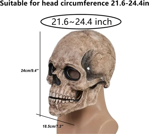 Vista 6 de RRANYF Máscara espeluznante de calavera de cabeza completa de Halloween con mandíbula móvil, casco de látex realista para adultos, esqueleto