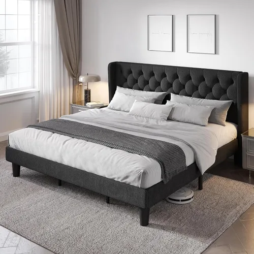 Vista 11 de Allewie Base de cama de tamaño matrimonial con cabecera copetuda con botones en la parte trasera, marco de cama tapizado moderno con soporte