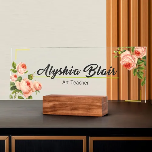 Vista 36 de Placa de identificación personalizada para escritorio, decoración de oficina de acrílico transparente con diseño de flores, decoraciones