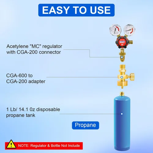 Vista 3 de Adaptador de propano de botella Mapp de 1 LB con válvula, válvula reguladora de gas propano de presión ajustable desechable CGA-600 hembra a CGA-200