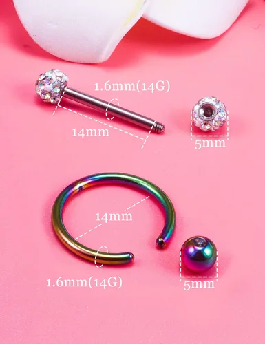 Vista 2 de Oufksiyy 12 pares de anillos para pezón elegante circonita cúbica piercing para pezón de acero inoxidable 316L 14G lengüeta para pezón palo palo