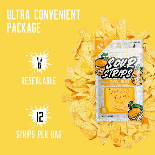 Vista 6 de SOUR STRIPS Dulces tropicales con sabor a mango Deliciosamente Chewy Belts - Caramelos vegetarianos, 12 por paquete, 2