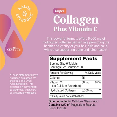 Vista 10 de 21st Century Super Collagen Plus - Tabletas de vitamina C, 6000 mg, 180 Colágeno de 6000 mg por porción con vitamina C para ayudar a mantener