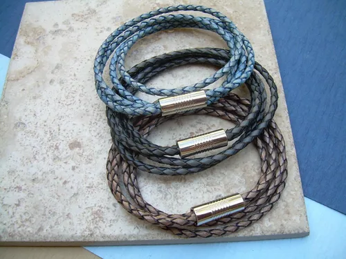 Vista 3 de Pulsera de cuero con cierre magnético, acero inoxidable, joyería para hombre, pulsera para hombre, pulsera envolvente, regalo para hombre, para él