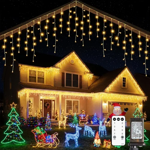 Vista 11 de Luces de Navidad de carámbano para exteriores, 40 pies, 432 LED, impermeables, para exteriores, 8 modos de iluminación, con control remoto