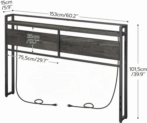 Vista 3 de HOOBRO Cabecera Tamaño Queen, Cabecera con 2 Tomacorrientes y 4 Puertos USB, Altura Ajustable, Estante de Almacenamiento, Resistente y Estable