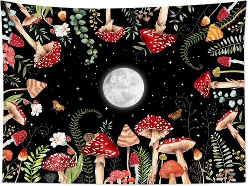 Vista 18 de HVEST Tapiz retro rojo de hongos para colgar en la pared, diseño floral rosa con fresa y mariposa en beige, tapiz para dormitorio, flores, plantas