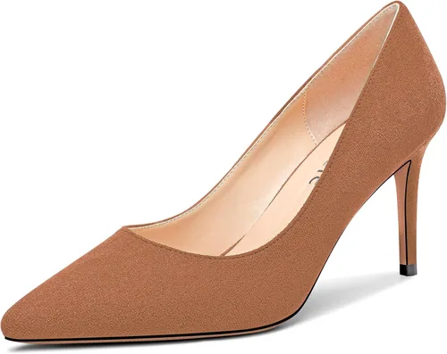 Vista 37 de Castamere Zapatos de tacón alto básicos para mujer, sin cordones, puntiagudos, tacón de aguja de 3.3 in charol leopardo beige