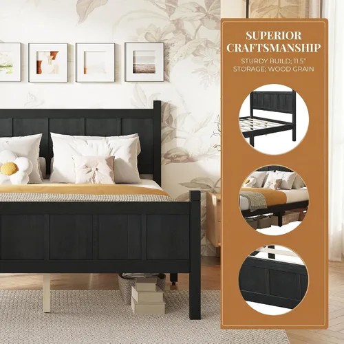 Vista 3 de Bellemave Cama de panel plano de tamaño individual con cabecero y estribo, cama de plataforma minimalista y moderna con acabado de grano de madera