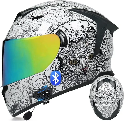 Vista 14 de Casco de motocicleta Bluetooth de cara completa abatible con micrófono, diseño de ala trasera aprobado por DOT, reducción de ruido con doble visera