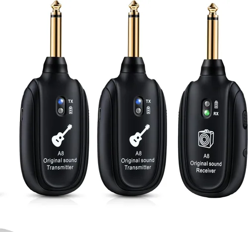 Vista 9 de Sistema de guitarra inalámbrico A8 UHF, 2 modos, batería recargable de litio, rango de 100 pies, Plug & Play para guitarra, bajo, violín, teclado