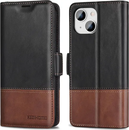 Vista 16 de KEZiHOME Funda para iPhone 15, de piel auténtica, bloqueo RFID, carcasa interior de TPU, cierre magnético, ranura para tarjetas, a prueba de golpes