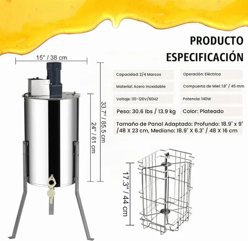Vista 7 de VEVOR Extractor Eléctrico de Miel, Extracción de Apicultura de Acero Inoxidable de 2/4 Marcos, Centrifugadora de Tambor de Panal con Tapa