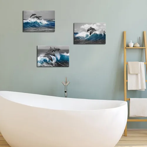 Vista 3 de Biuteawal 3 piezas de arte de pared de delfín gris azul océano océano animal imagen decoración de baño pintura marina impresiones sobre lienzo