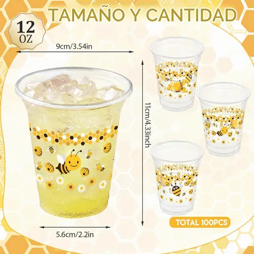 Vista 2 de 100 piezas de vasos de plástico con temática de abejas para fiesta, 12 onzas, vasos desechables de miel, vasos transparentes con lindo tema