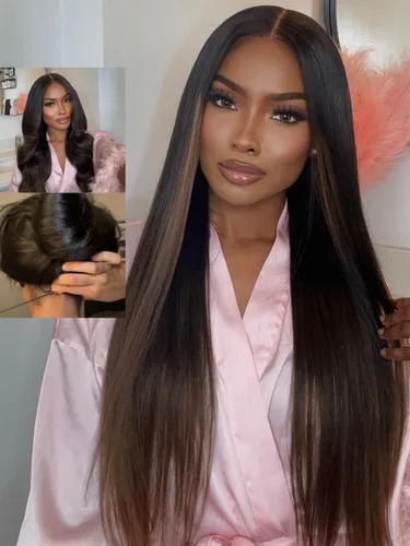 Vista 24 de Nadula Pelucas de cabello humano lacio Yaki sin pegamento con encaje frontal de 7 x 5 pulgadas, nudos invisibles, predepilados, pretodo, 3S, listo