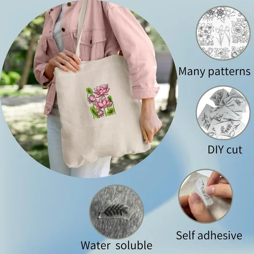 Vista 3 de Papel de bordado para pegar y puntar, soluble en agua, estabilizador de bordado, autoadhesivo, papel soluble en agua con patrones de flores