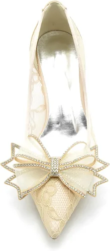 Vista 4 de HKMFLYY Zapatos de boda de encaje puntiagudo para mujer, zapatos de novia de tacón bajo, cómodos zapatos de novia con lazo, tacones de noche