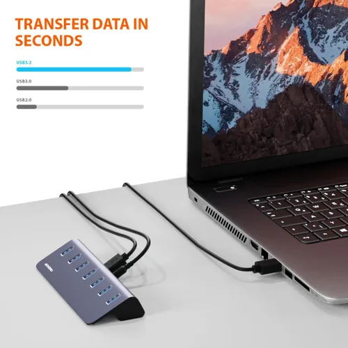 Vista 3 de Hub USB 3.2 Gen 2 alimentado de 10 Gbps, expansor USB de aluminio de 7 puertos con USB-A y USB-C para computadora, Mac, PC, teléfono inteligente